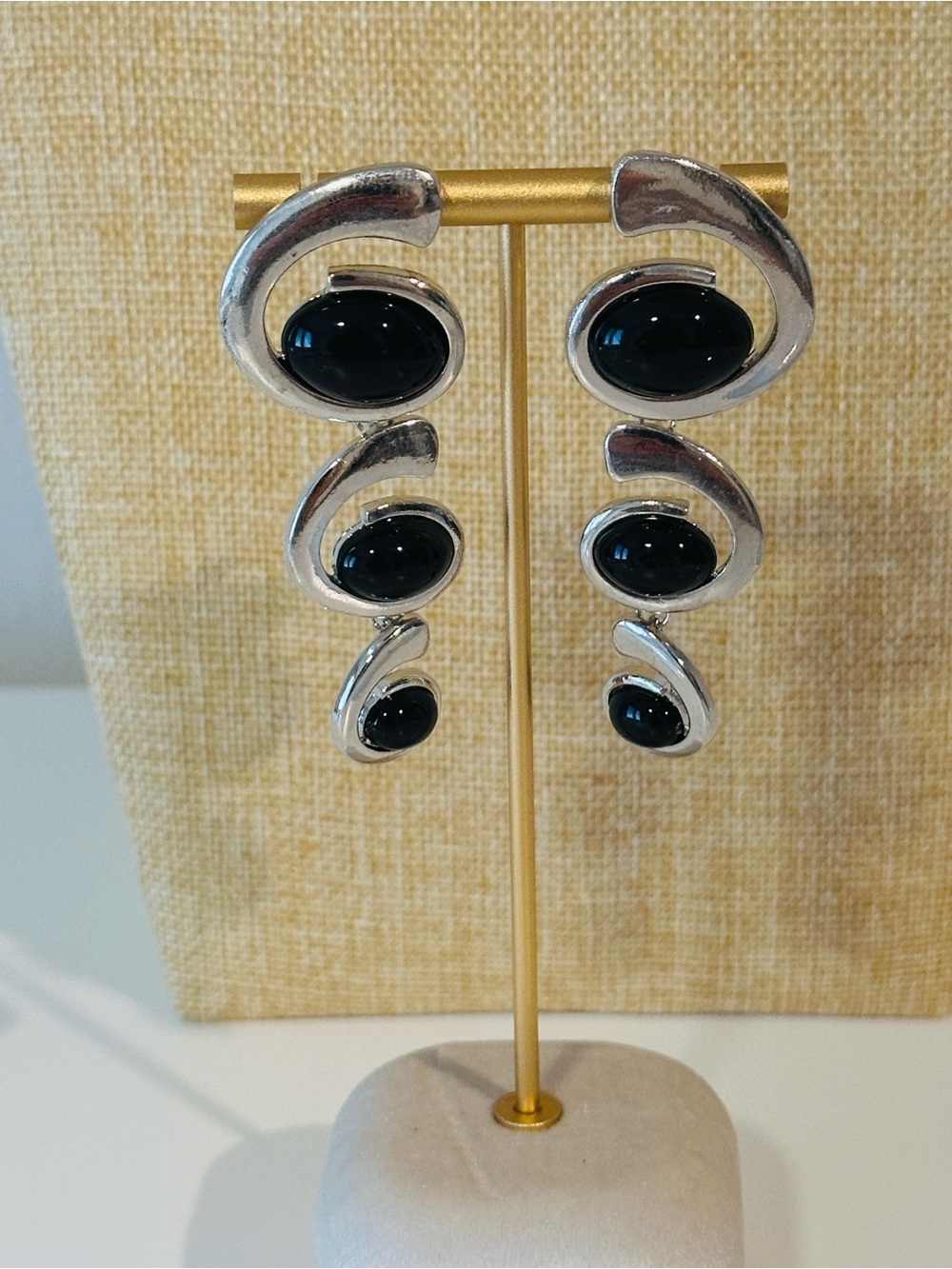 Fashion Jewelry Silver-Tone Drop Earrings with Black Stones